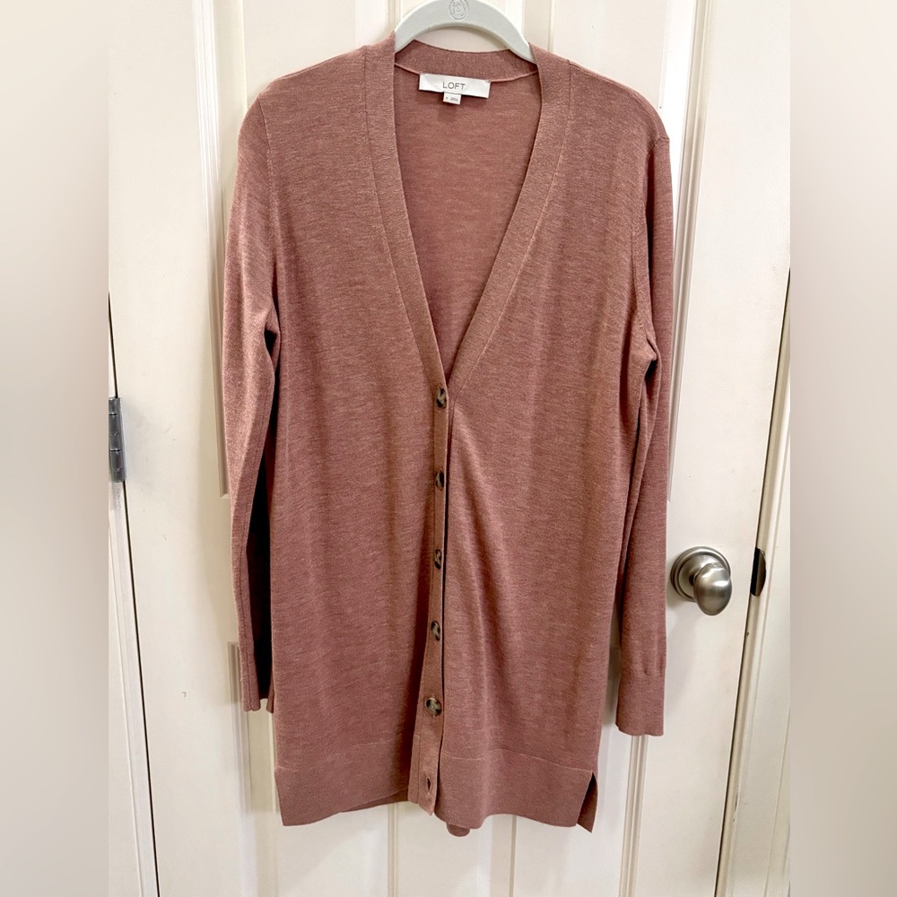 LOFT long length V-neck cardigan Pink/clay/coral shade Size-Medium